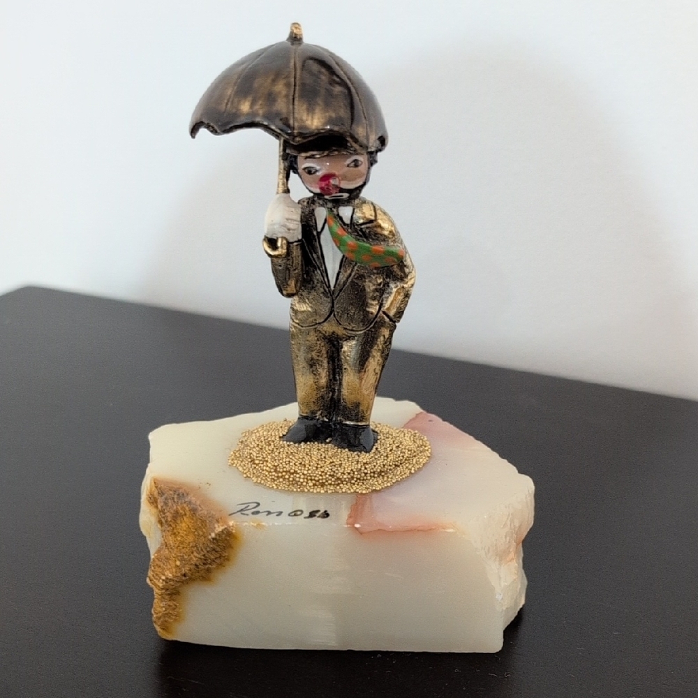 Ron Lee -Artist- Clown & Umbrella bronze Figurine On Marble 5" Tall